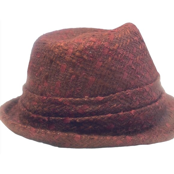 Tory Burch Burgundy & Red Glistening Tweed winter Fedora Hat Black Interior - Picture 3 of 6